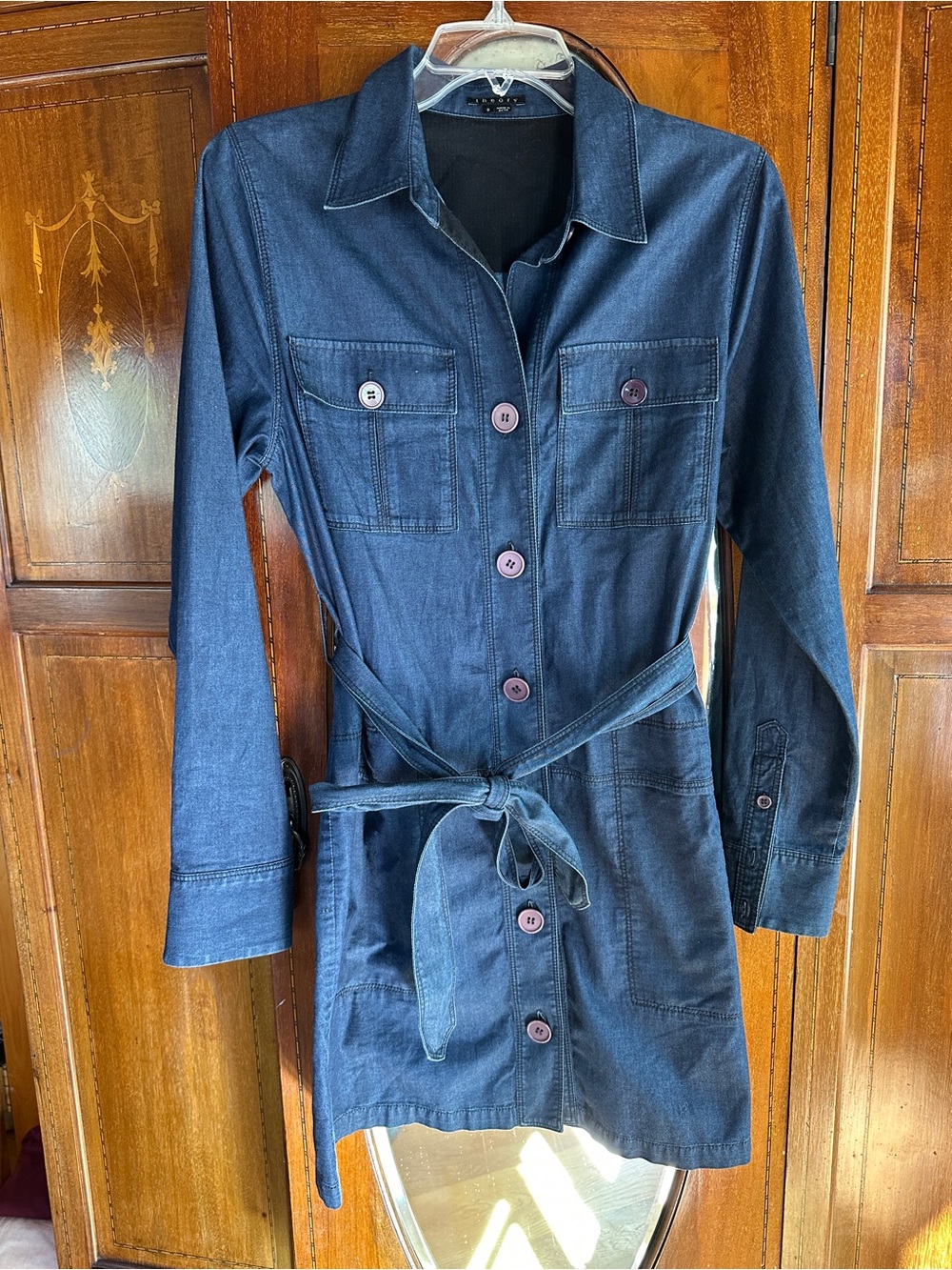 Theory Navy Denim Button-Front Shirt Dress with Self-Tie Waist